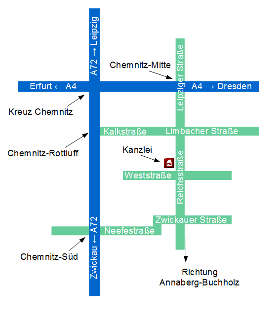 Anreise zum Kanzleistandort Reichsstr. 37, 09112 Chemnitz